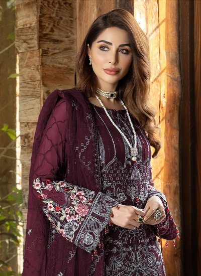 Purple Embroidered Georgette Trendy Salwar Kameez