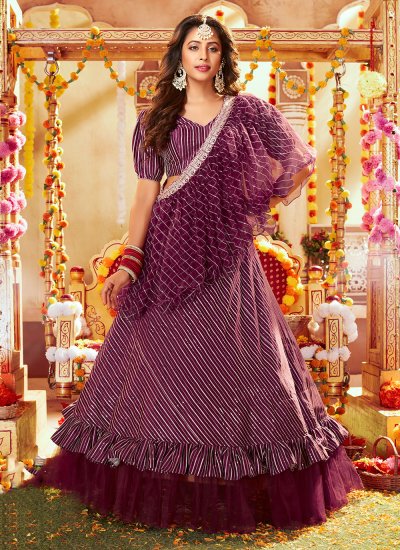 Purple Embroidered Satin Layered Lehenga Choli