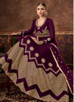 Purple Embroidered Wedding Designer Floor Length Suit