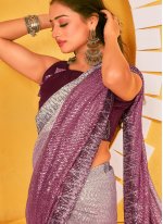 Purple Net Embroidered Contemporary Saree