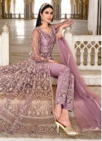 Purple Net Stone Work Designer Straight Salwar Suit
