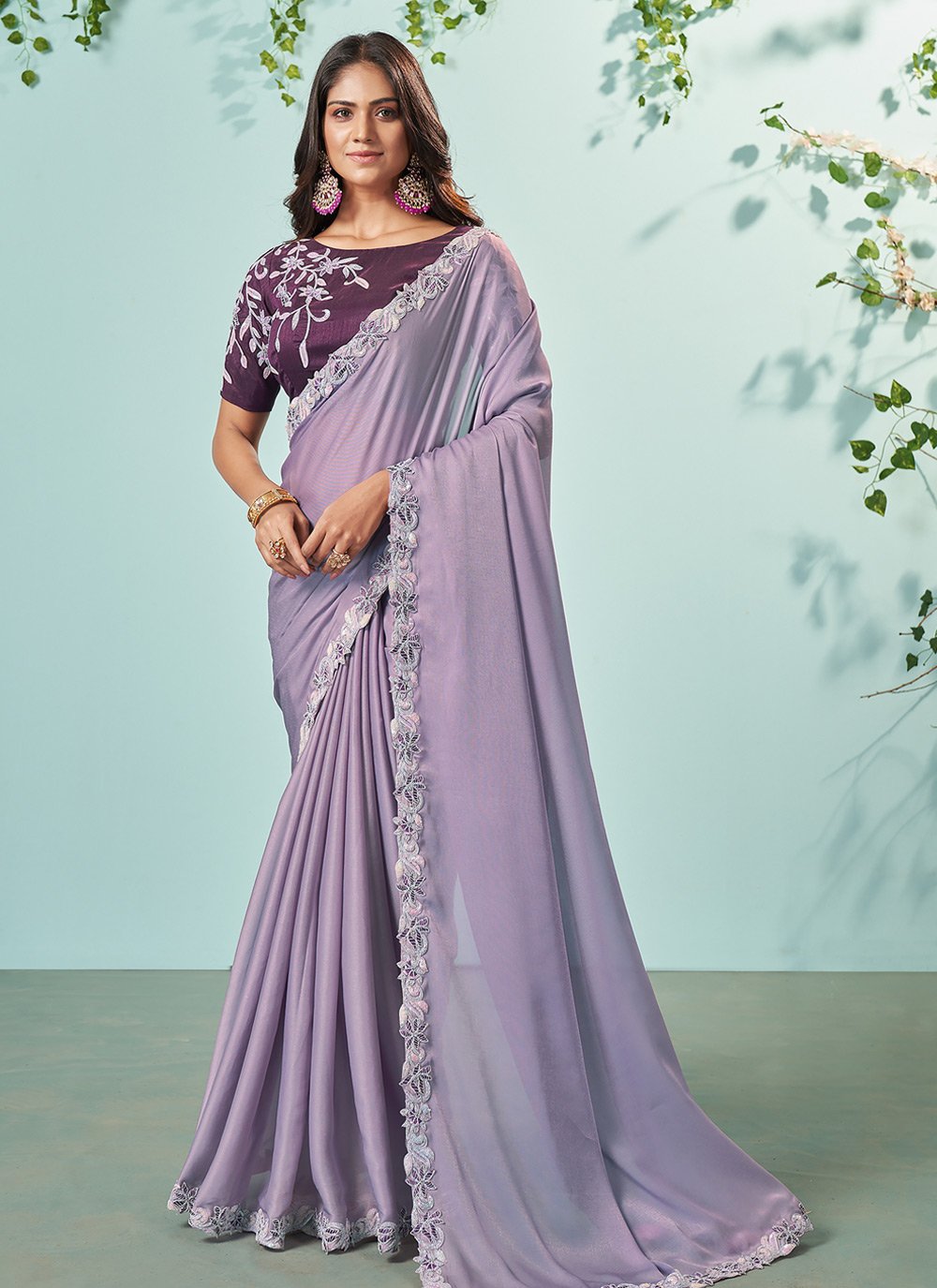 Purple and Pink color silk sarees with plain with jari weaving working  design -SILK0006809