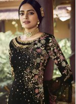 Radiant Embroidered Faux Georgette Black Designer Palazzo Suit