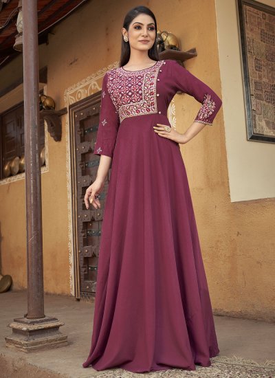 Radiant Muslin Purple Embroidered Readymade Gown
