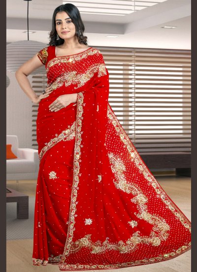 Radiant Red Embroidered Designer Traditional Saree