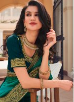 Radiant Turquoise Lace Vichitra Silk Classic Saree