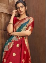 Rama and Red Wedding Jacquard Silk Classic Designer Saree