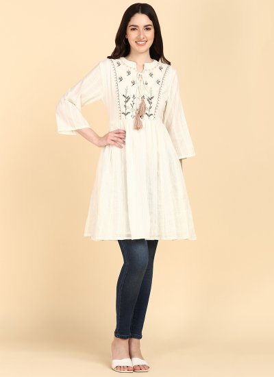 Ravishing Embroidered Off White Cotton Designer Kurti