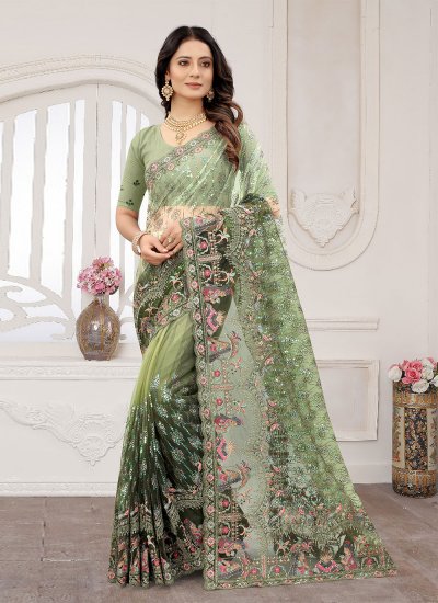 Ravishing Green Sequins Net Classic Saree