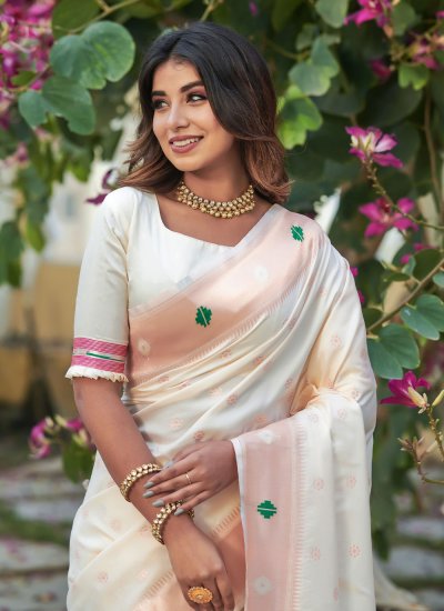Ravishing Woven Banarasi Silk Off White Contemporary Saree