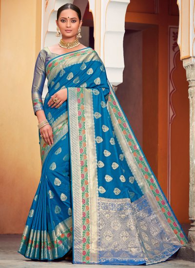 Ravishing Zari Blue Banarasi Silk Classic Saree