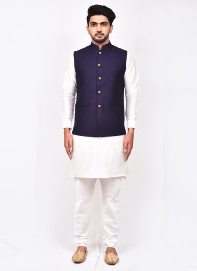 Rayon Buttons Kurta Payjama With Jacket in Blue and White