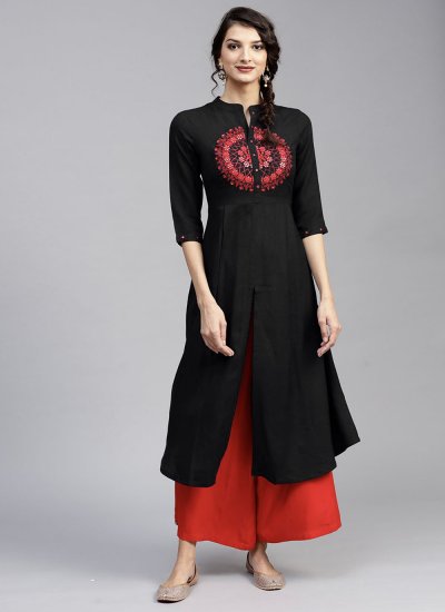 Rayon Embroidered Black Party Wear Kurti