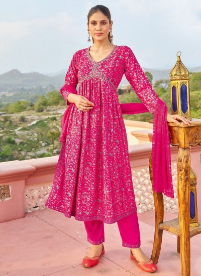 Rayon Embroidered Pant Style Suit in Pink