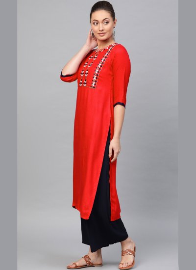 Rayon Embroidered Party Wear Kurti in Red
