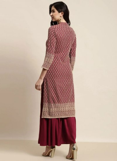 Rayon Embroidered Readymade Salwar Suit in Maroon