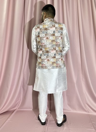 Rayon Kurta Payjama With Jacket in Cream and White