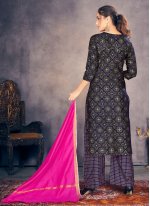 Rayon Print Readymade Suit in Navy Blue