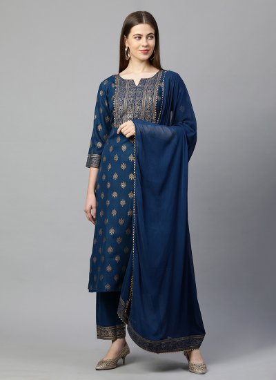 Rayon Printed Salwar Suit in Navy Blue