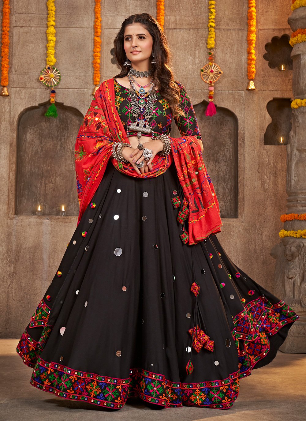 Buy Likha Ghoomar Black Maroon Printed Lehenga and Choli with Dupatta  LIKLEH09 (Set of 3) Online