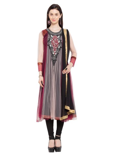 Readymade Anarkali Salwar Suit Patchwork Net in Maroon and Pink