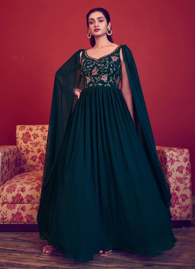 Readymade Gown Embroidered Georgette in Teal