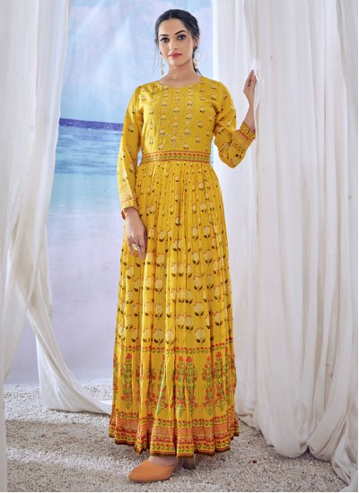 Readymade Gown Print Muslin in Yellow