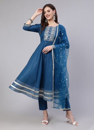 Readymade Salwar Kameez Embroidered Cotton in Teal