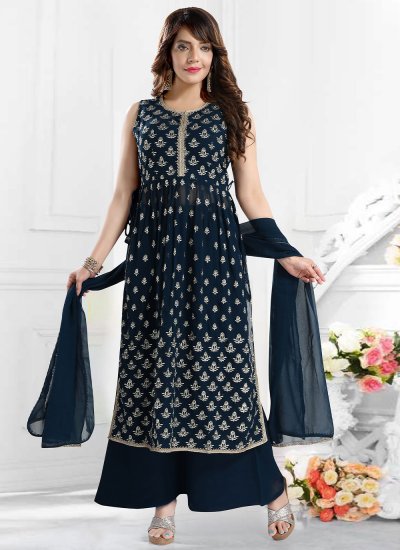 Readymade Salwar Suit Embroidered Faux Georgette in Blue