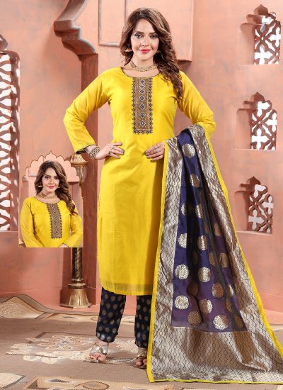 Yellow Readymade Hand Work Pant Style Suit