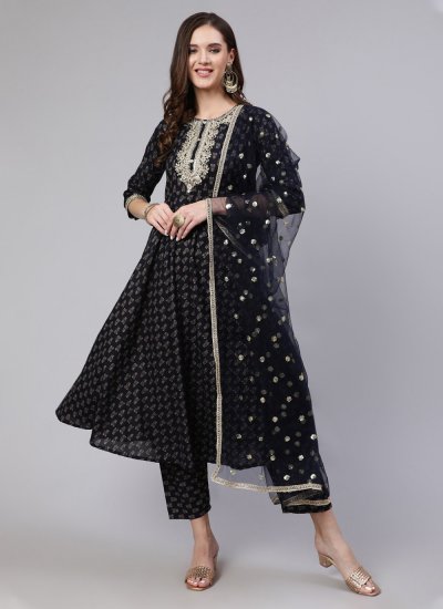 Readymade Suit Embroidered Cotton in Black