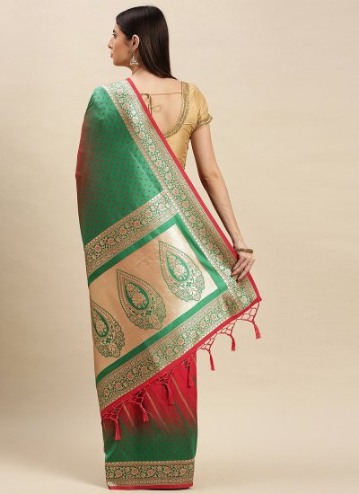 Red and Sea Green Weaving Mehndi Designer Traditional Saree