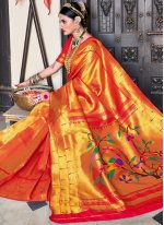 Red and Yellow Weaving Mehndi Traditional Designer Saree