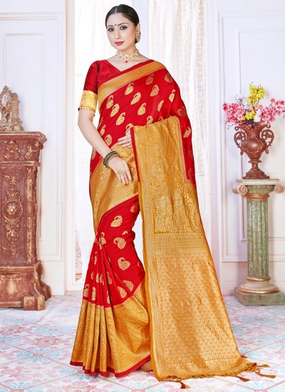 Red Art Banarasi Silk Ceremonial Designer Traditional Saree