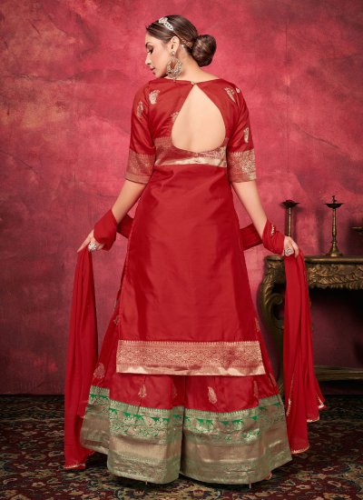 Red Art Silk Woven Palazzo Salwar Suit