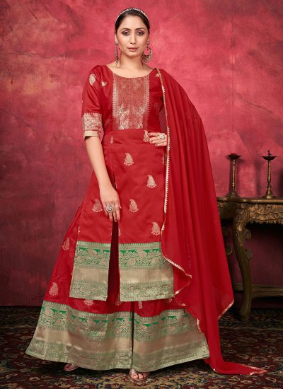 Red Art Silk Woven Palazzo Salwar Suit