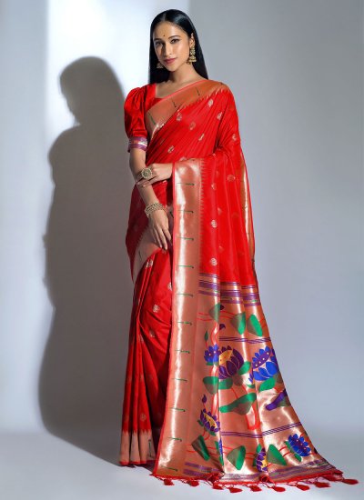 Red Banarasi Silk Ceremonial Designer Traditional Saree