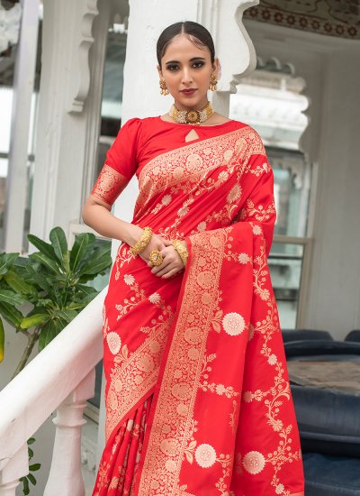 Red Banarasi Silk Festival Traditional Designer Saree