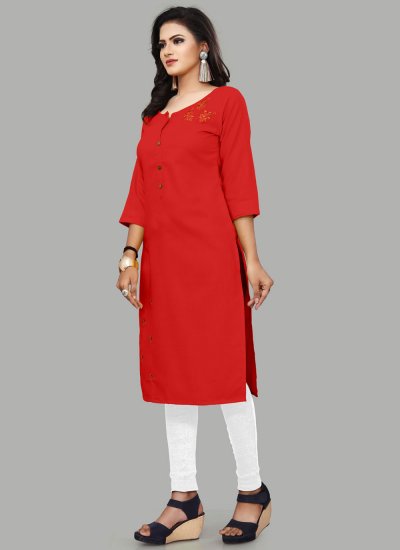 Red Blended Cotton Party Wear Kurti