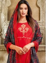 Red Chanderi Cotton Printed Churidar Salwar Suit