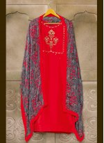 Red Chanderi Cotton Printed Churidar Salwar Suit