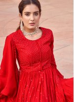 Red Chinon Embroidered Long Length Salwar Suit