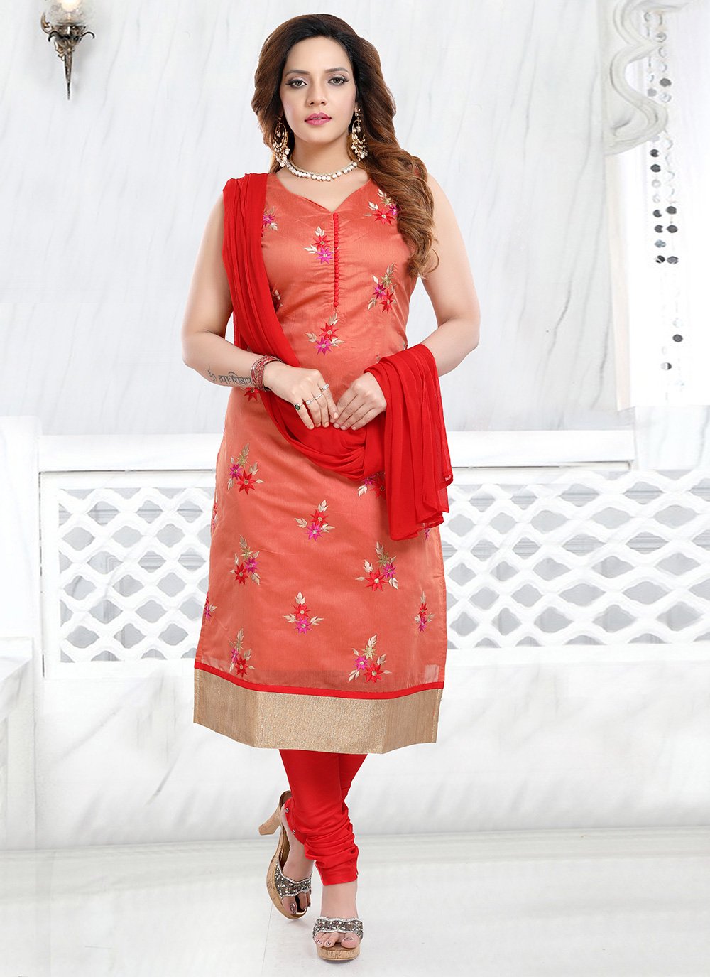 Red Cotton Churidar Salwar Suit 