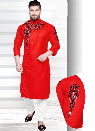 Red Cotton Resham Kurta Pyjama