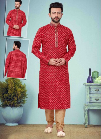 Red Cotton Silk Embroidered Kurta Pyjama