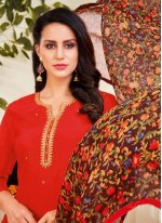 Red Embroidered Chanderi Cotton Designer Straight Suit