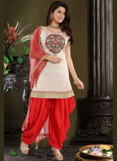 Red Embroidered Chanderi Designer Patiala Suit