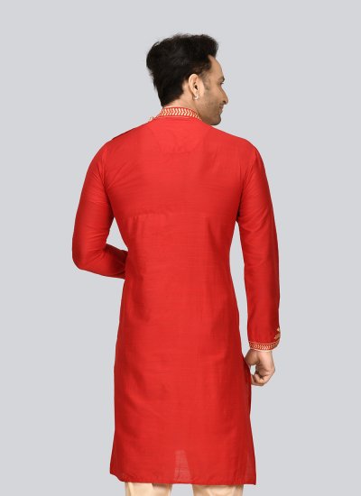 
                            Red Embroidered Dupion Silk Kurta