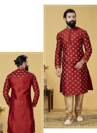 
                            Red Embroidered Dupion Silk Kurta Pyjama