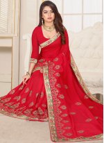Red Embroidered Fancy Fabric Classic Saree